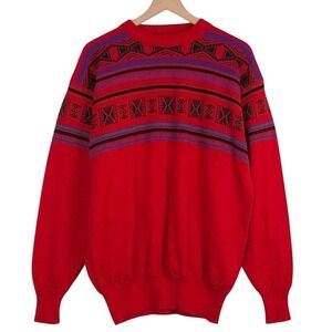 VTG MEISTER‎ Wool Blend Geometric Sweater Men's L Red Black Crew Neck L/S Retro